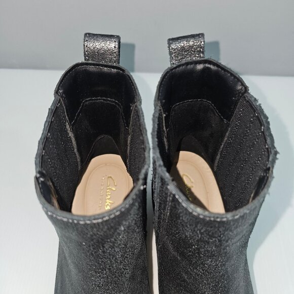 Clarks Morzine Top Chelsea Ankle Boot 9 Pewter Metallic Leather Block Heel NEW - Picture 8 of 13
